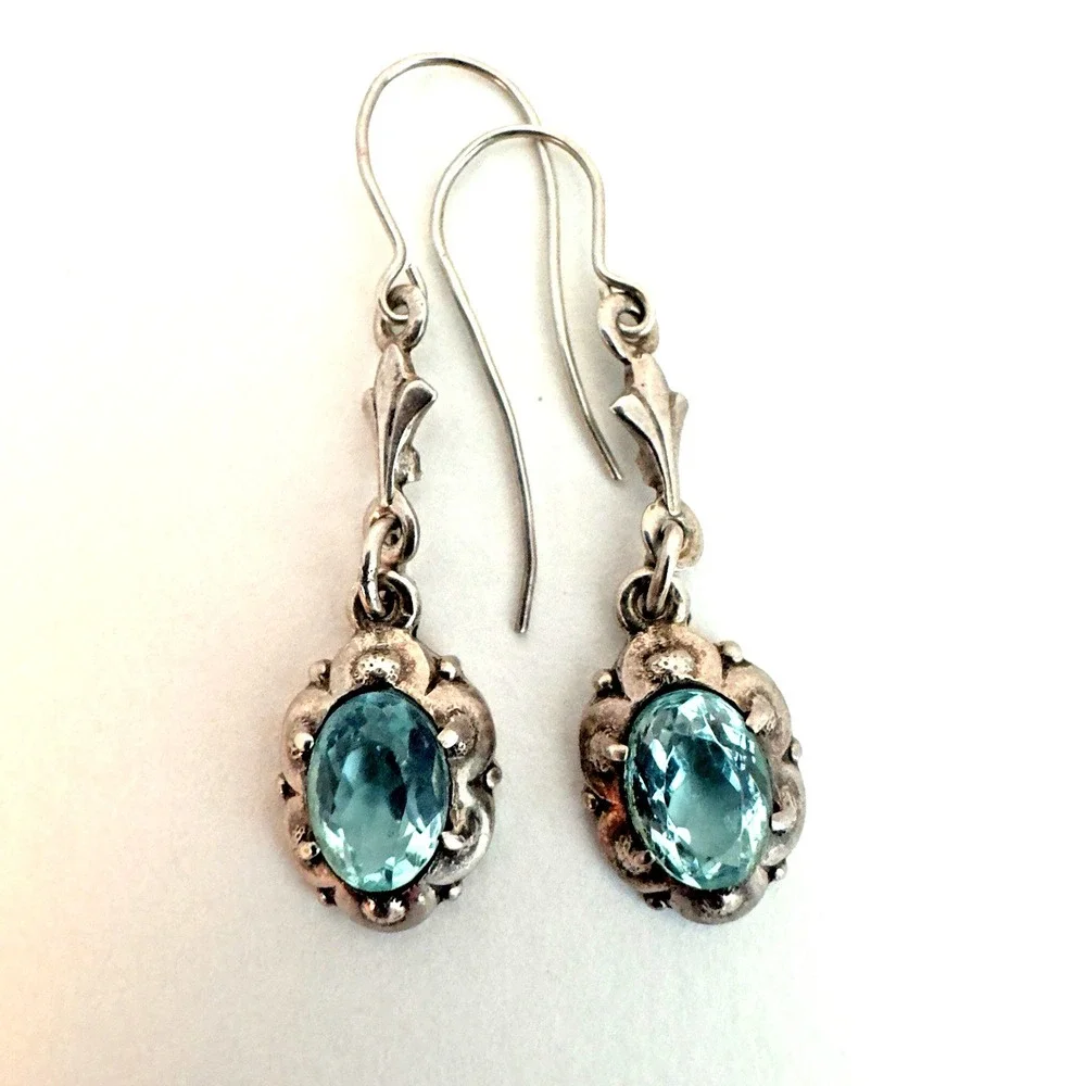 Faceted Faux Blue Topaz 835 Sterling Silver Dangle Earrings Oval Shape Free Ship